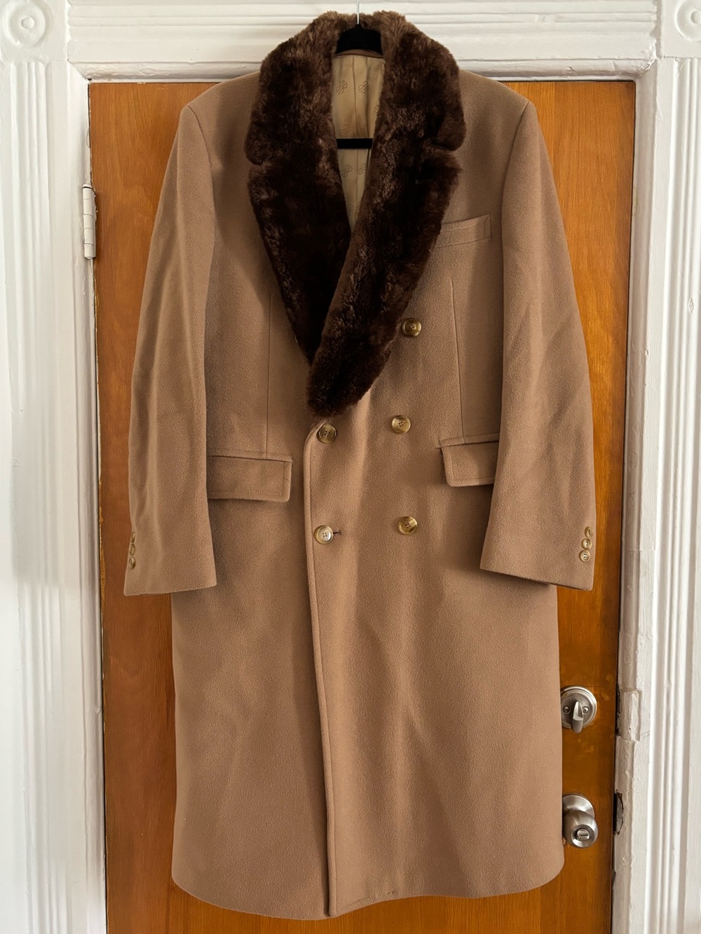 Vintage Bill Blass 1970’s Tan & Brown Wool Cashmere Camel Pea Over Coat Fur 42R